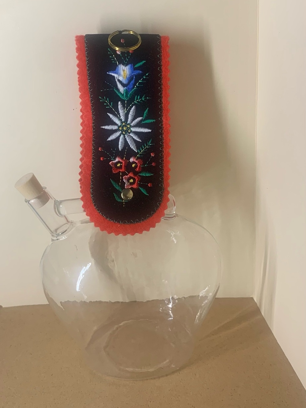 Embroidered Floral Leather Key Fob with Red Trim